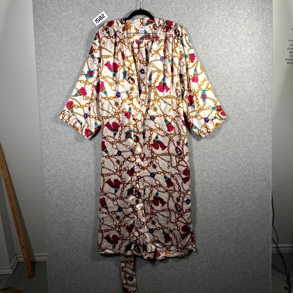 Vintage Romantic Moods Lingerie Robe Womens Large Satin Chain Tassel Print Retro